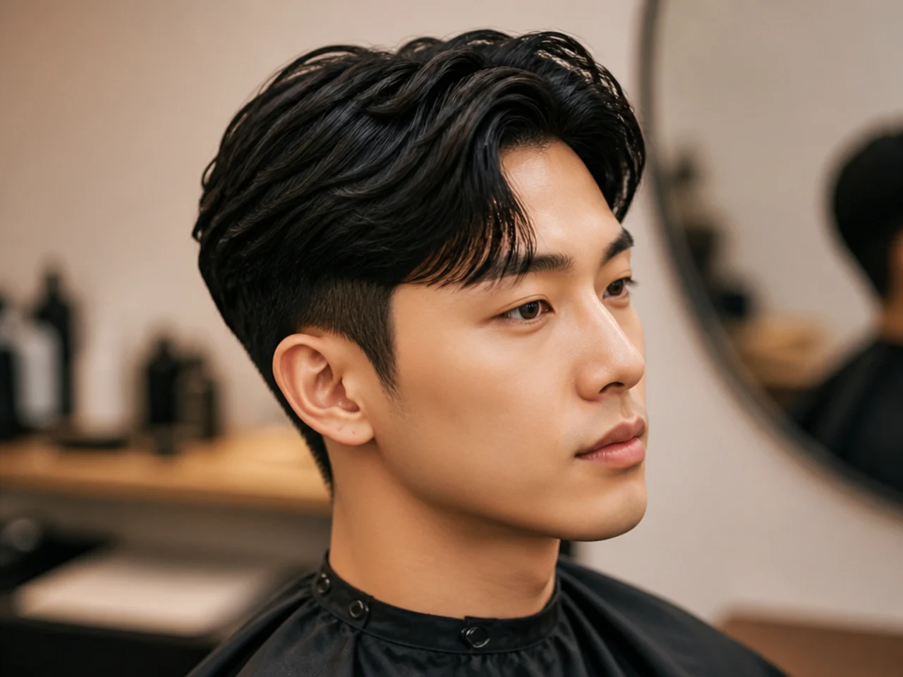 Client showing his barber a Korean side part reference photo at the barber chair