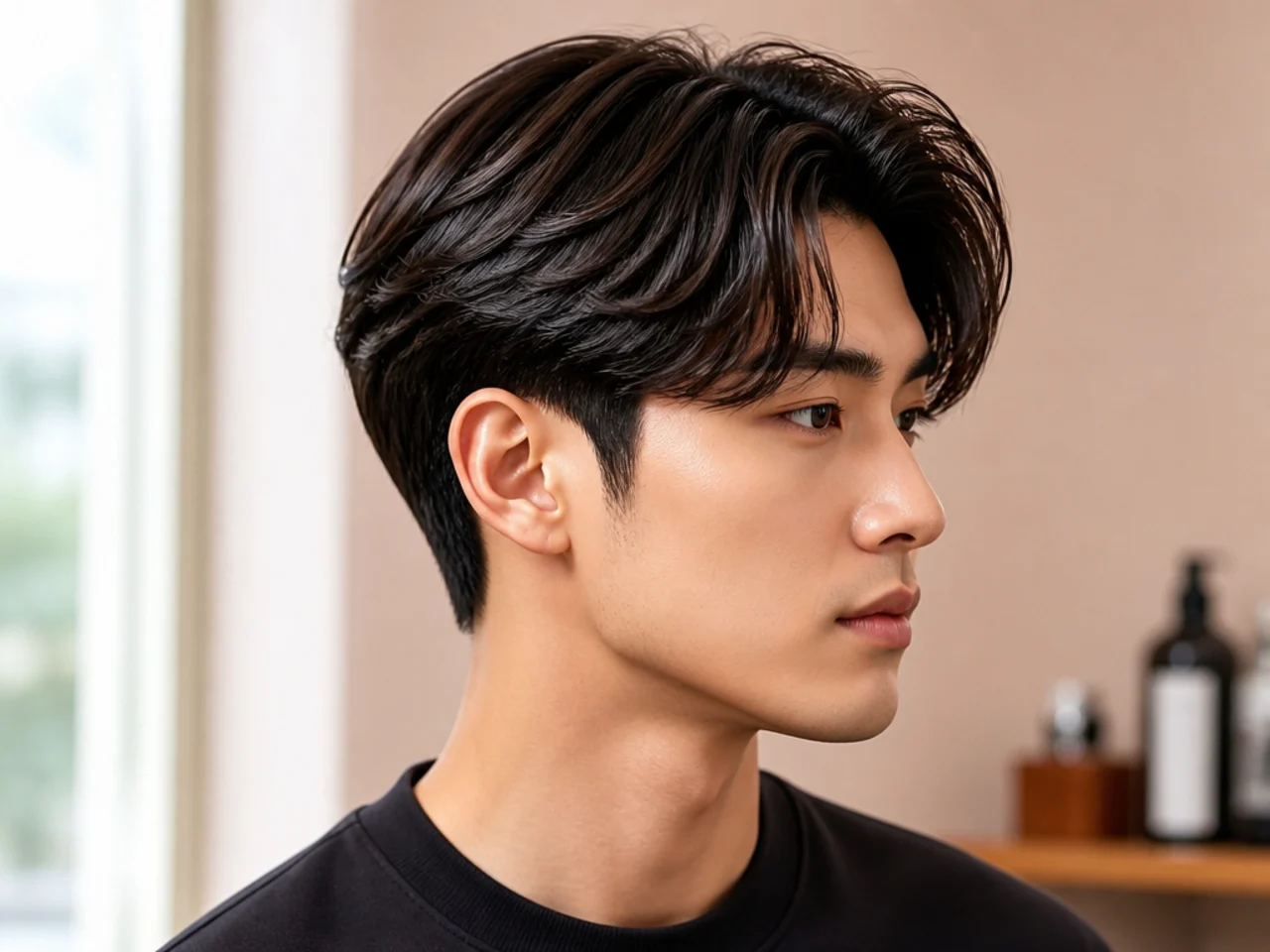 Side profile of a Korean side part variation showing three inches on top swept across a defined parting