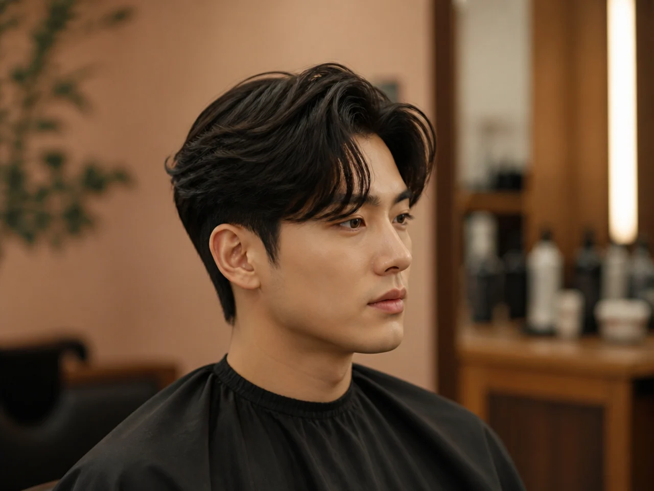 Korean side part styling essentials on a Seoul salon counter — cream pomade, matte clay, sea-salt spray, small round brush