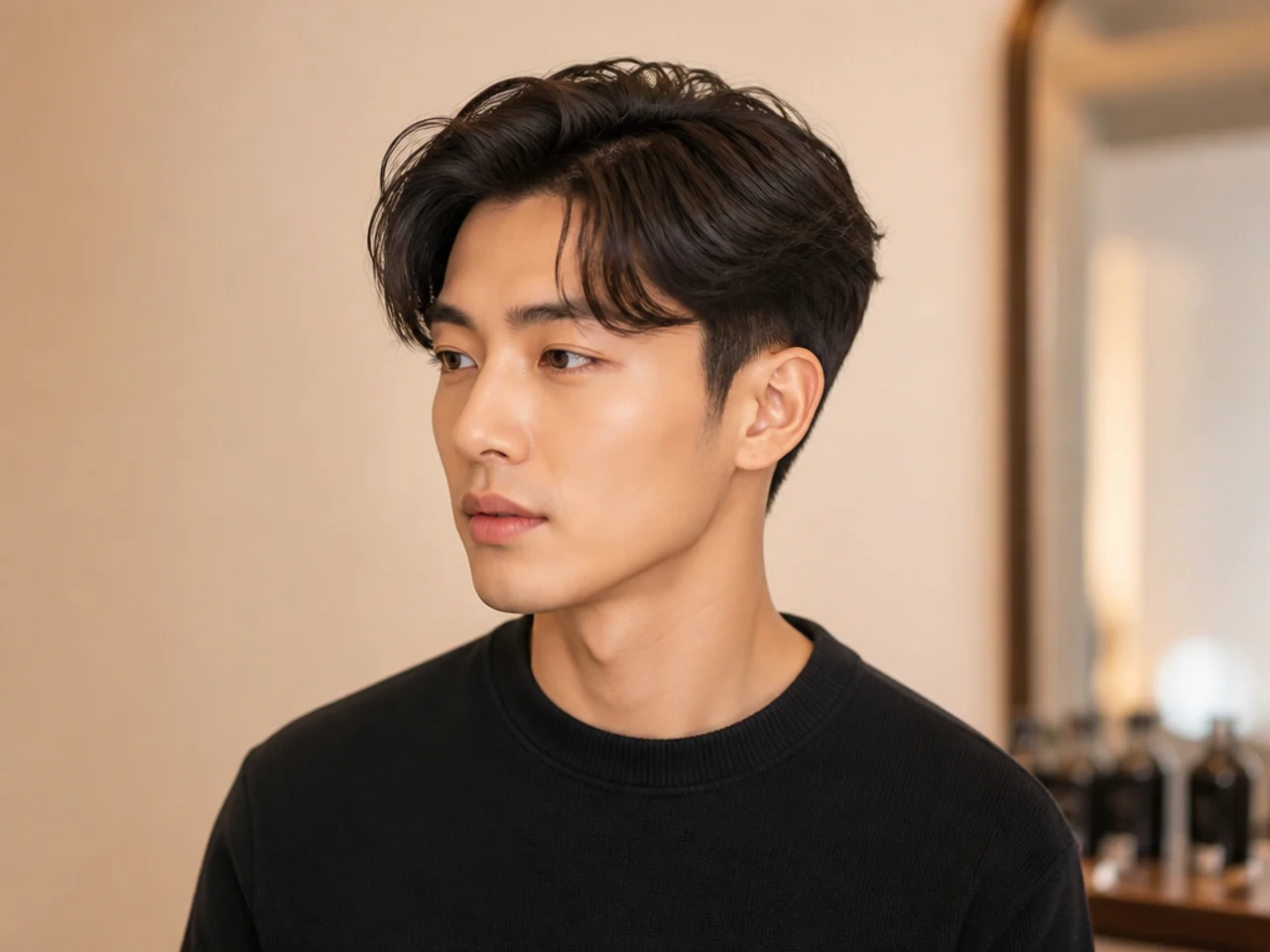 Korean side part on a young Korean man with three inches on top and scissor-tapered sides, glossy blow-dried finish
