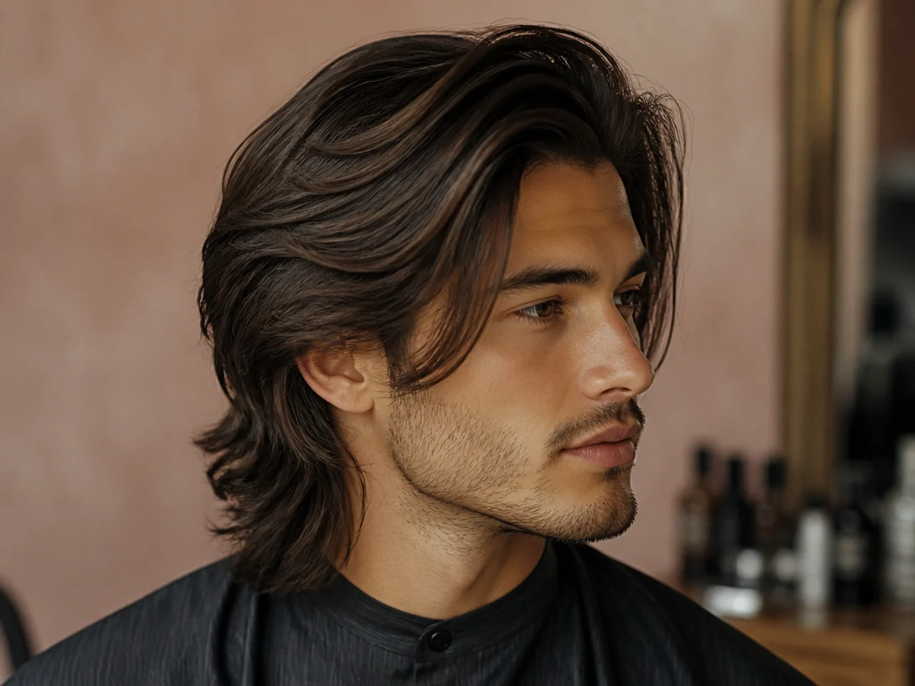 Long flow side part with five inches of natural wave falling from a defined parting, scissor-tapered sides