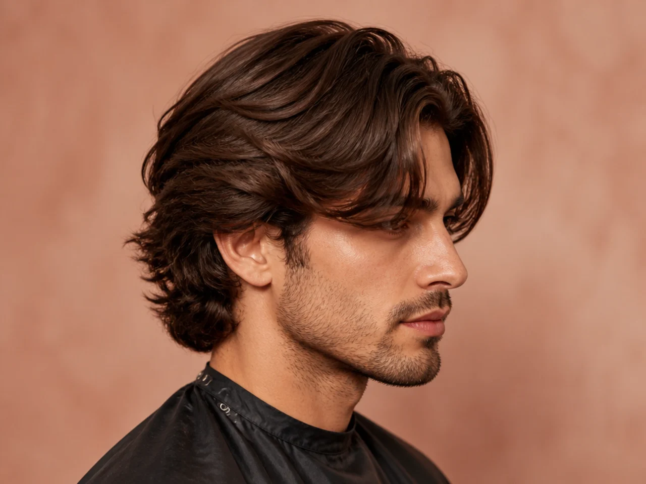 Long curtain side part with four inches of front length sweeping into curtain bangs from a low parting
