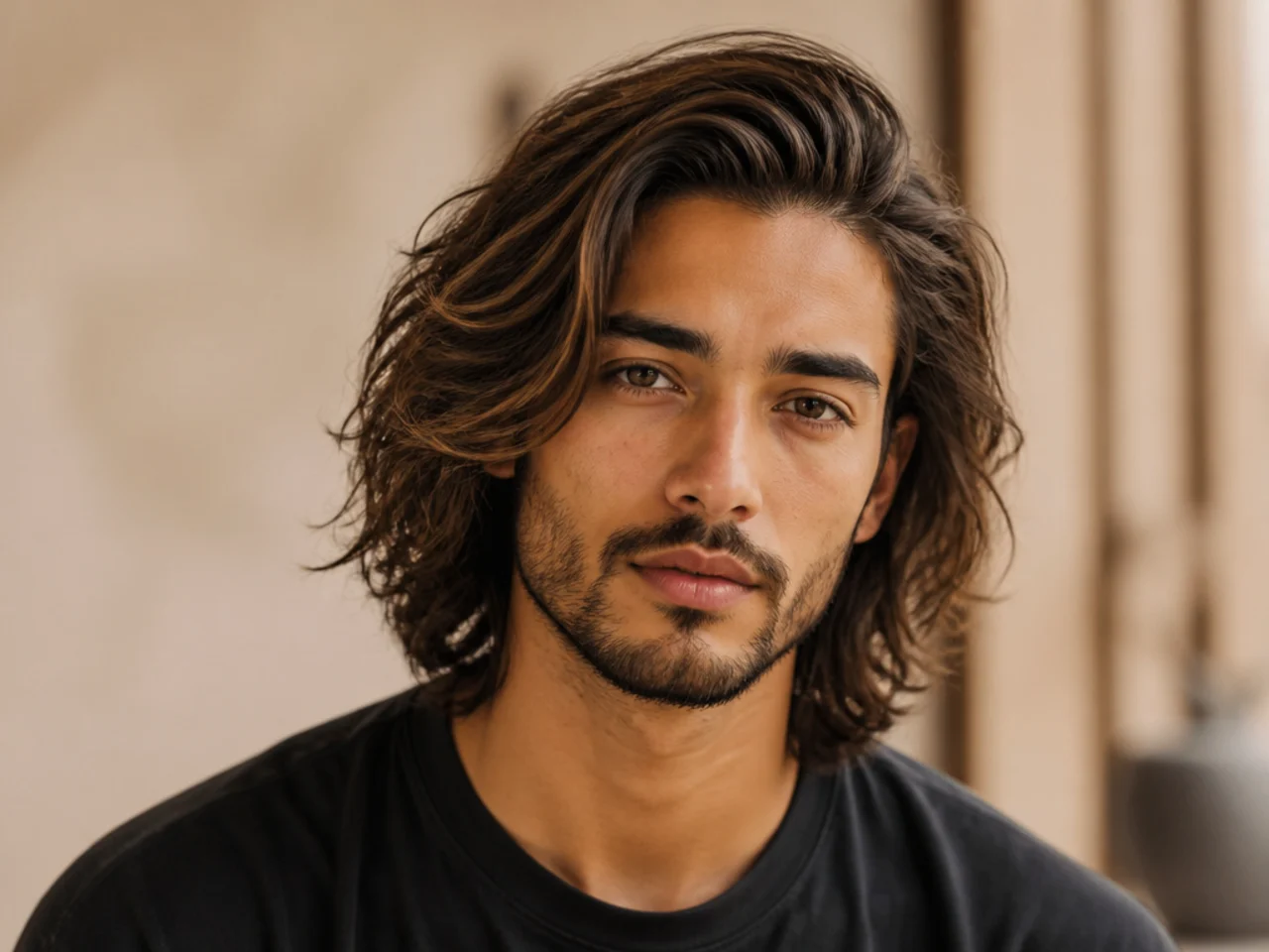 Long textured side part with point-cut piecey top, defined parting, and low taper sides on a young man