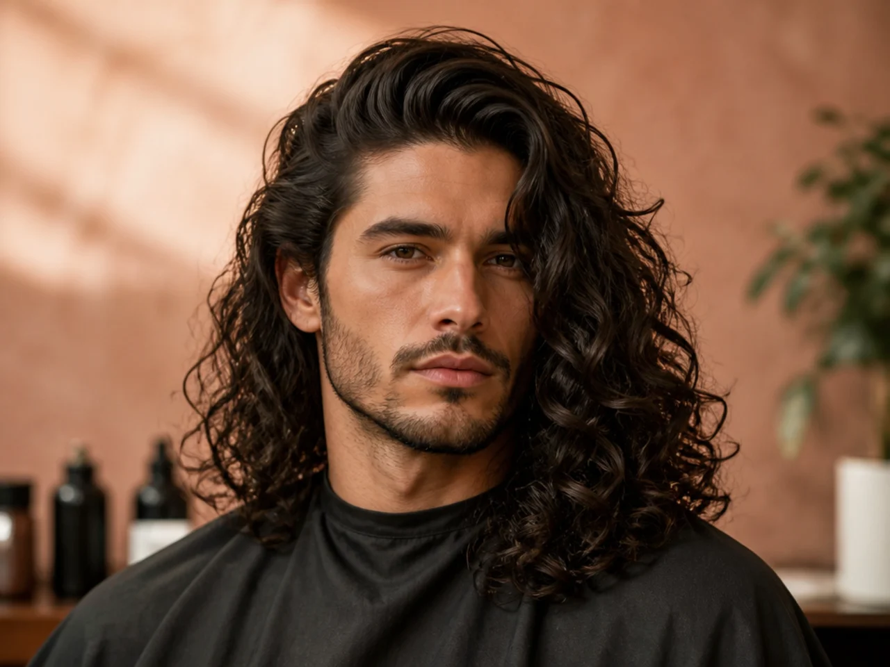 Long curly side part with five inches of Type 3A curls falling from a defined parting on a young man