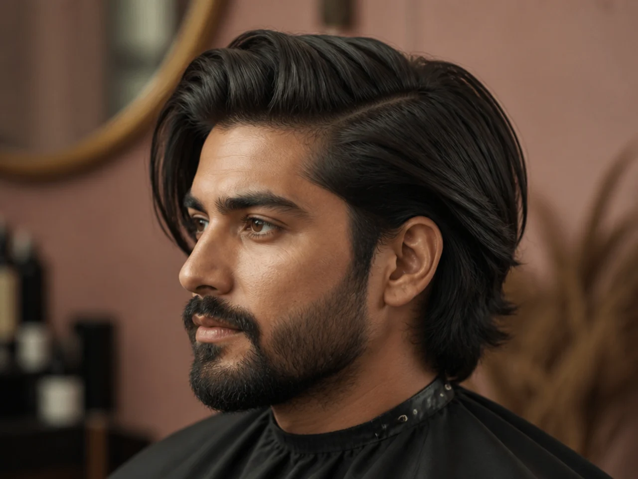 Long side part with a skin fade blending into a groomed beard at the sideburn on a young man