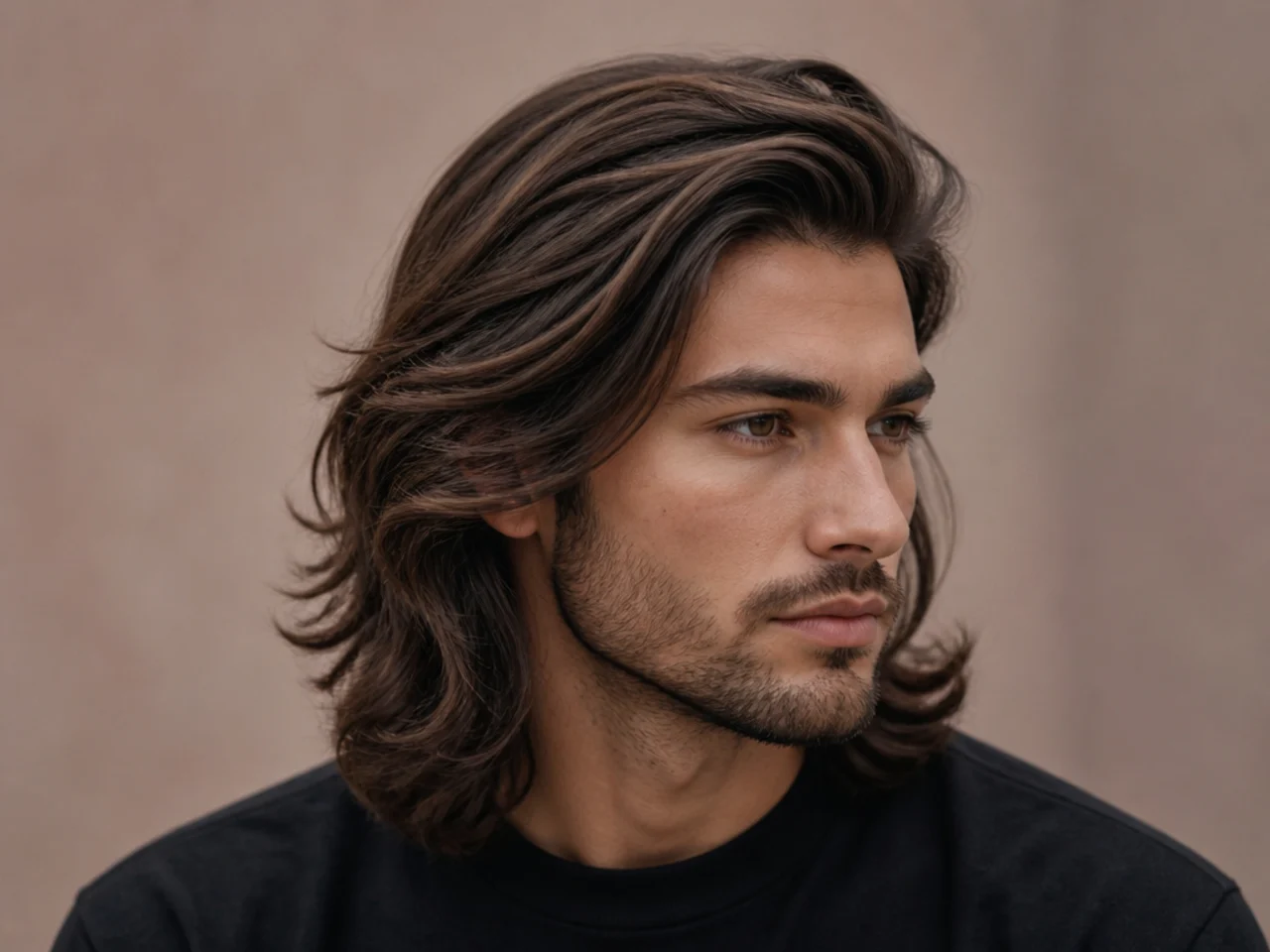 Long layered side part with five inches of soft internal layers and scissor-blended sides on a young man
