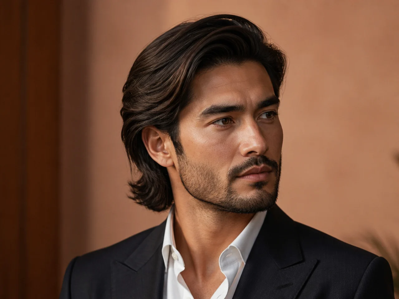 Long executive side part with three inches of clean-combed top and scissor-tapered sides on a man in a suit