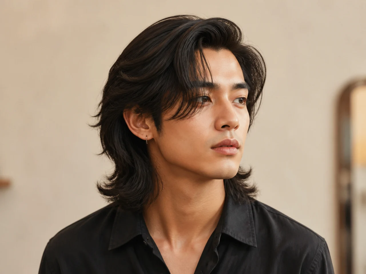 Long Korean side part with four inches of soft top swept from a defined parting and volume at the crown on a young Asian man