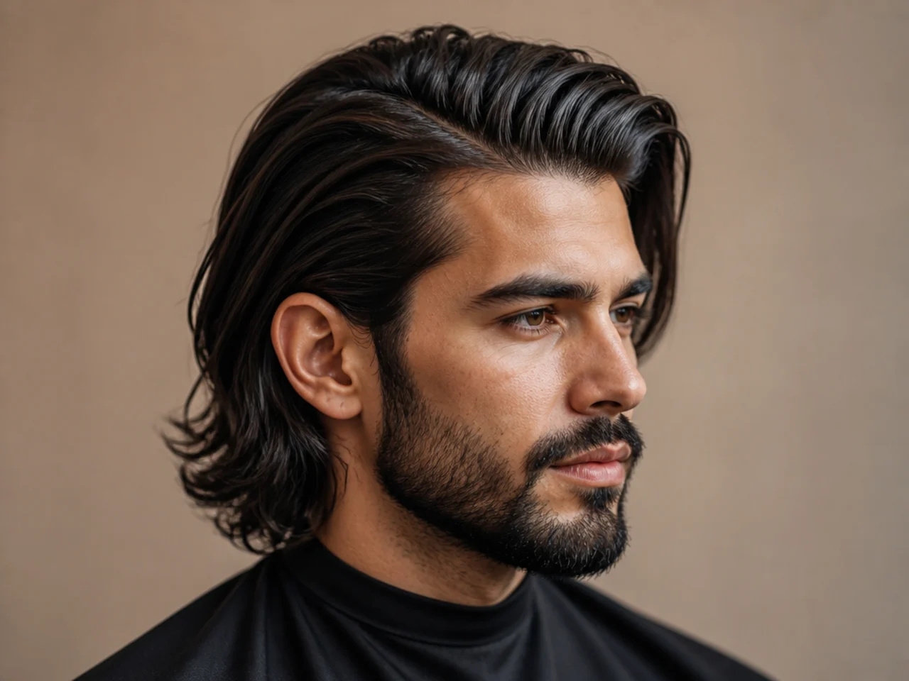 Long slick back side part with four inches on top combed straight back from a defined side parting on a young man