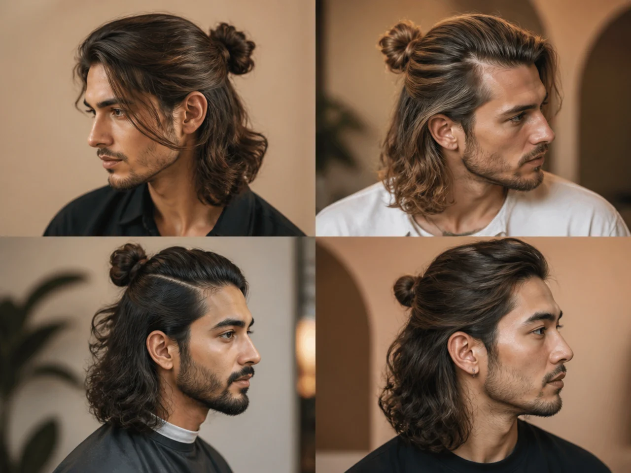 Long side part with a half-up bun tied loosely at the crown, six inches of side-swept front, and scissor-tapered sides on a young man