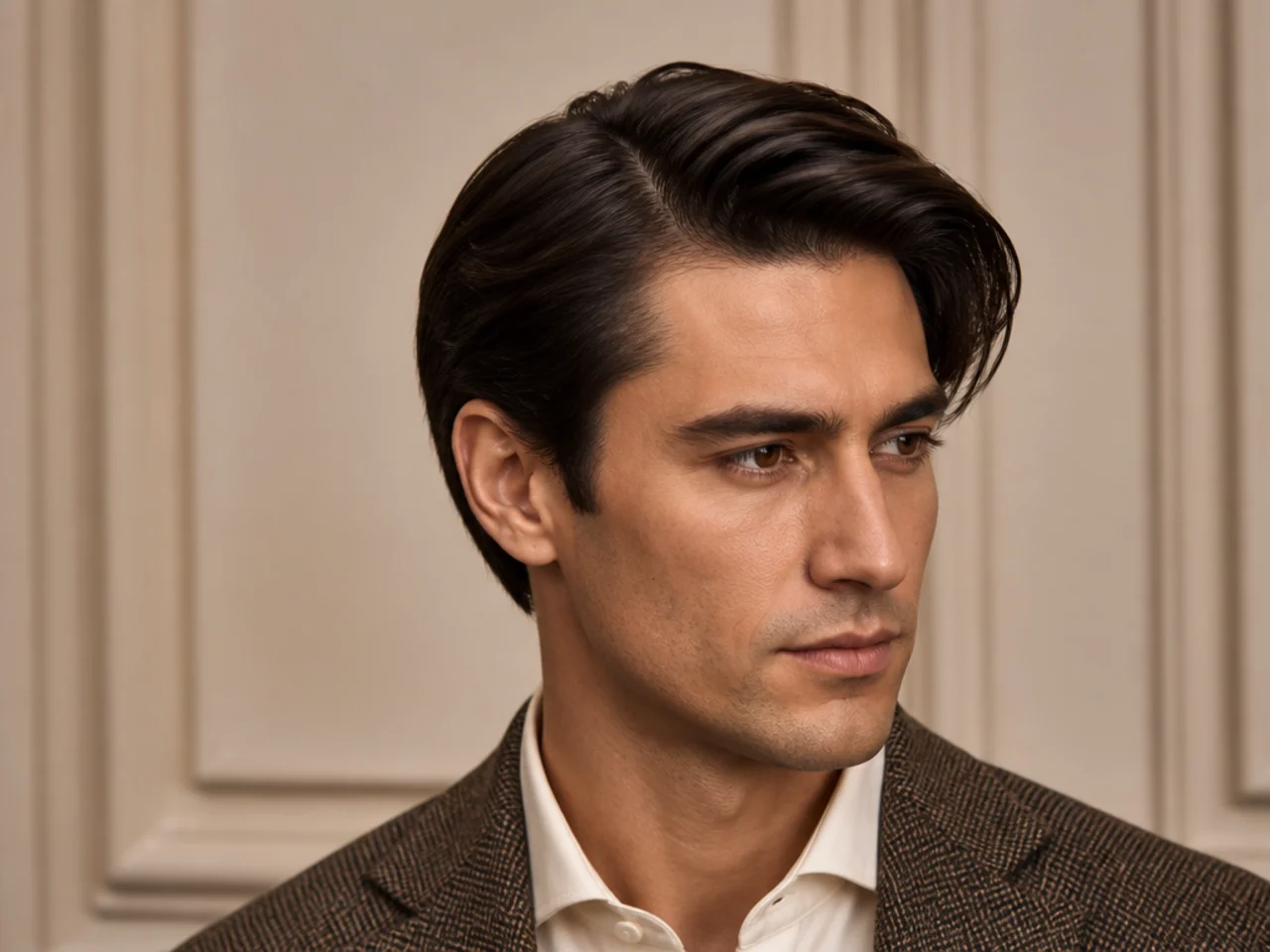 Old money long side part with four inches on top, defined parting, and matte satin finish on a young man