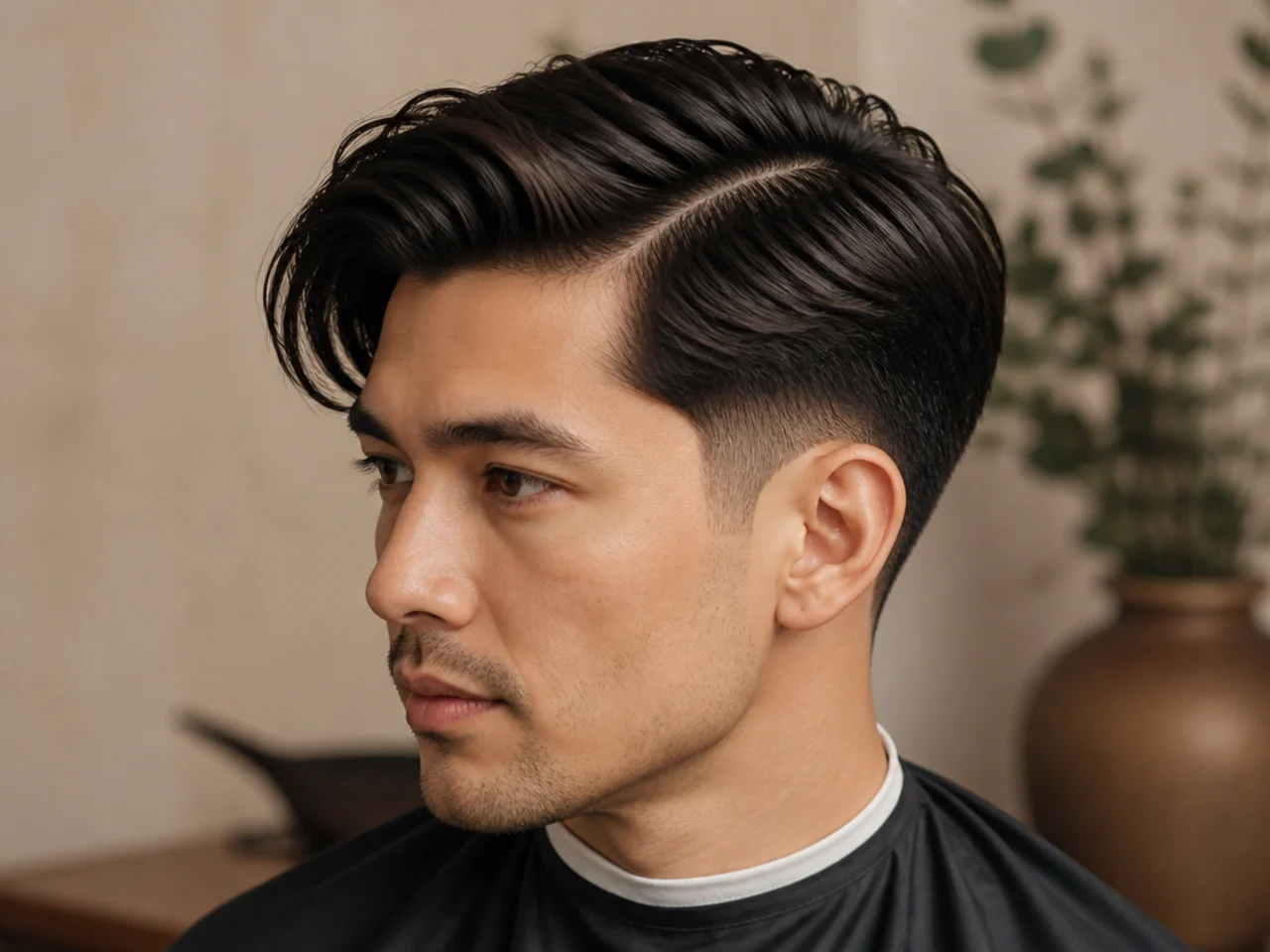 Long side part with a low taper fade blending gradually from No. 3 down to No. 1 at the neckline