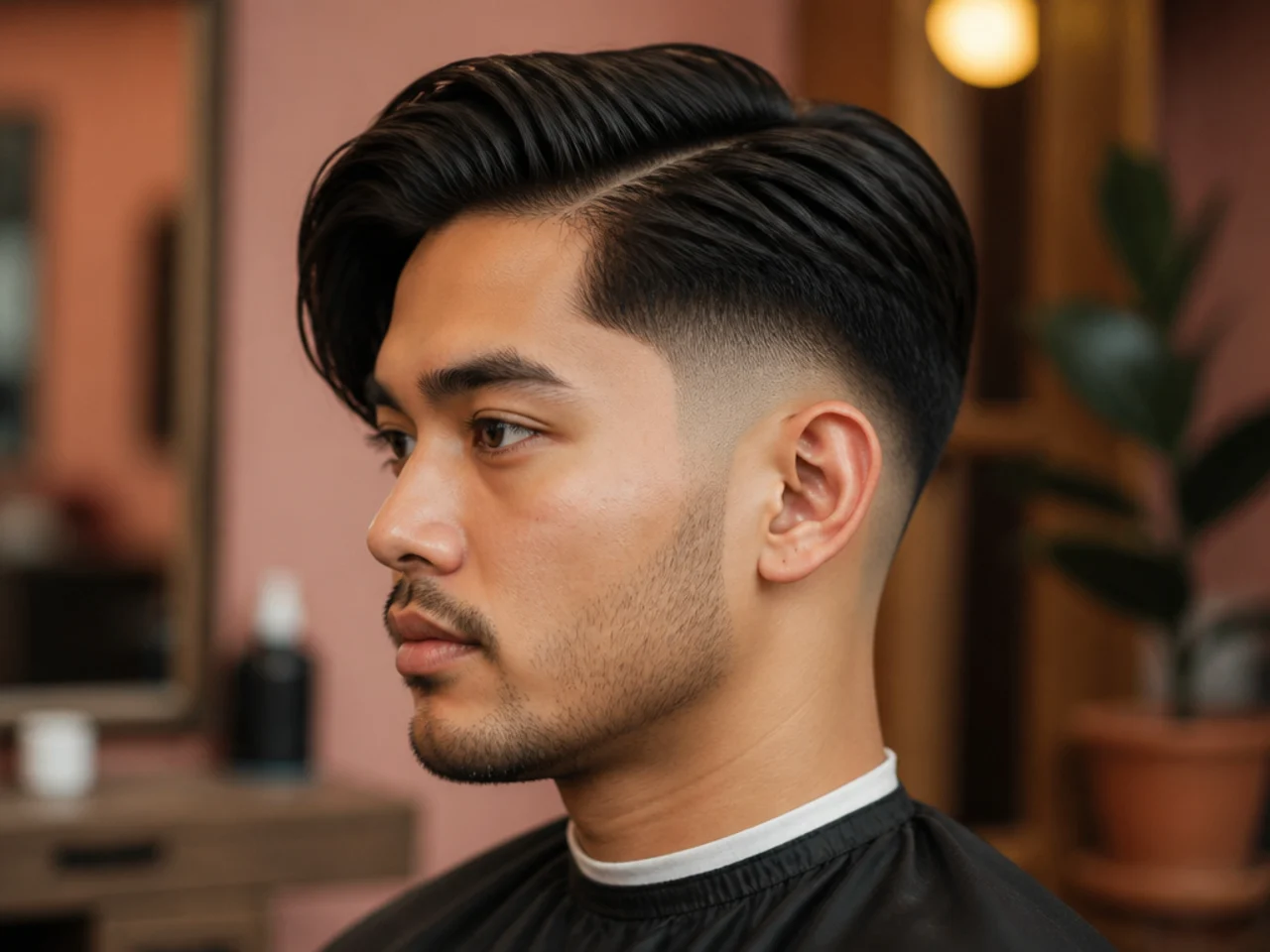Long side part with a low fade dropping to skin just above the ear on a young man with three inches on top