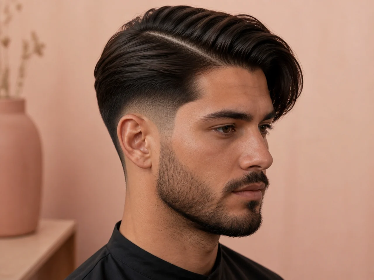 Long side part with a mid fade starting at the temple and a four-inch top swept diagonally across
