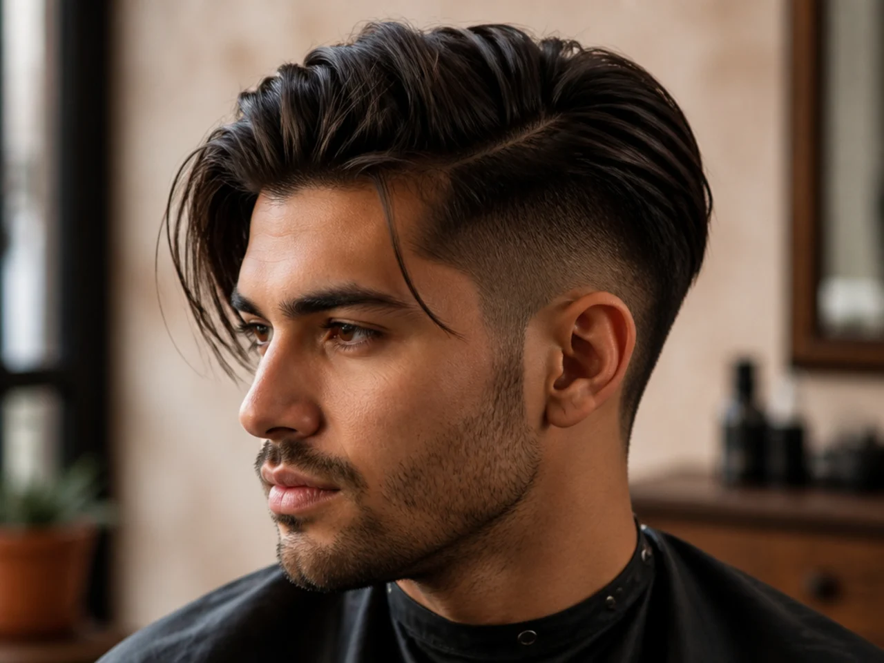 Long side part undercut with a disconnected No. 1 side and five inches on top swept across from a defined parting