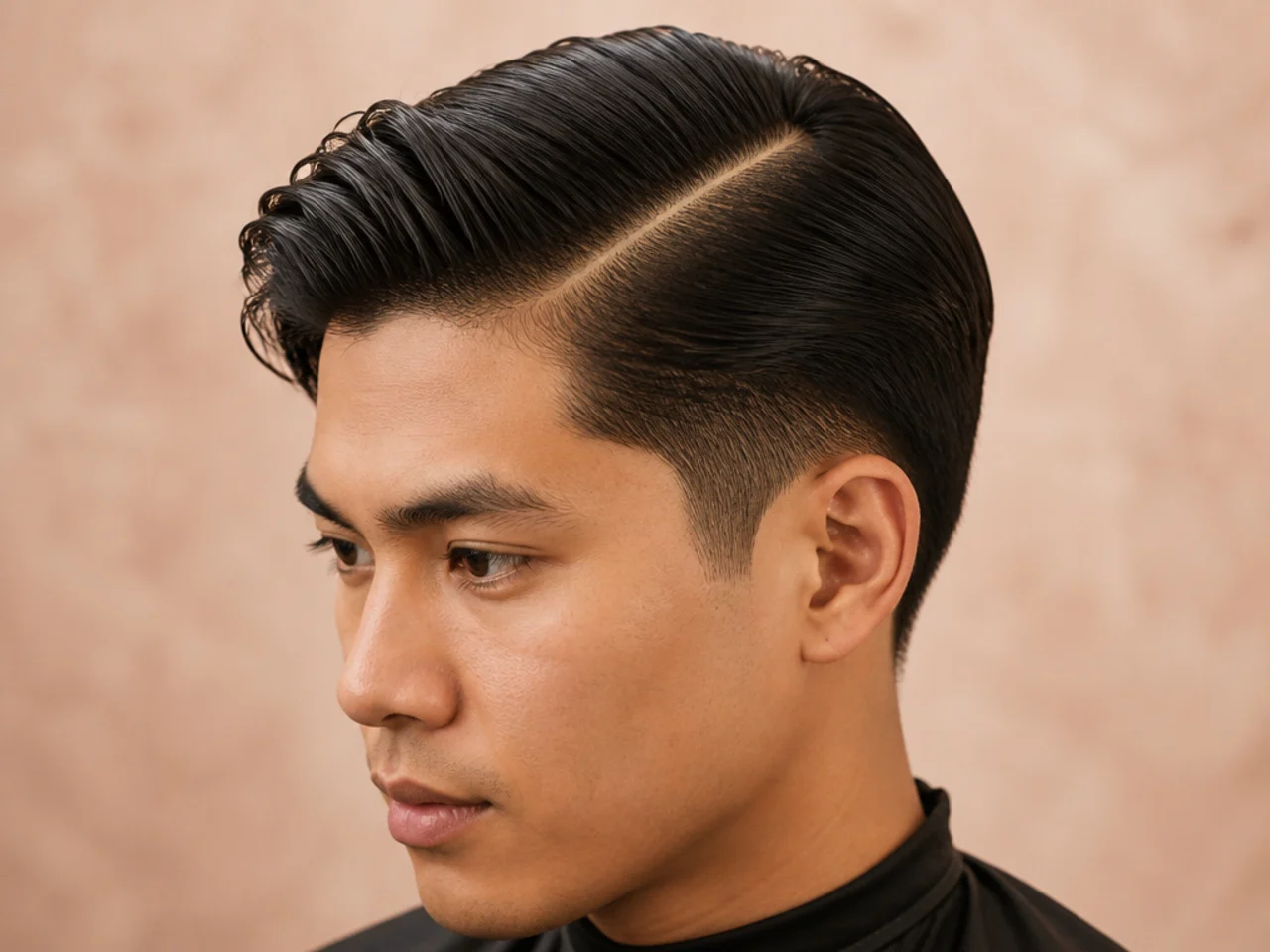 Long hard part with a razor-drawn parting line, three-inch top, and low fade sides on a young man