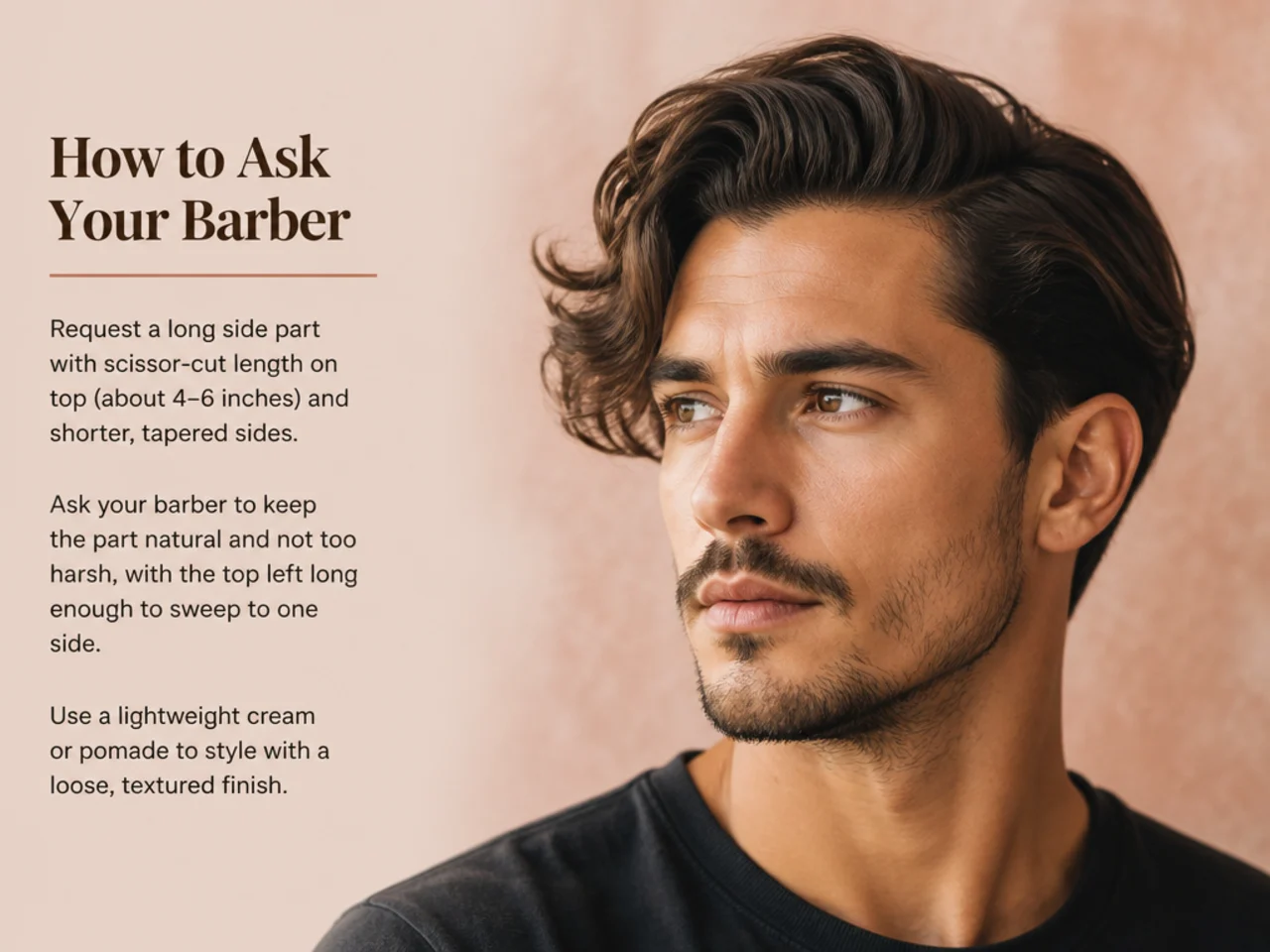 Client showing his barber a reference photo of a long side part at the barber chair