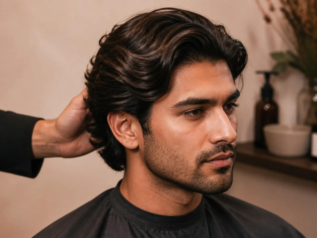 Long side part styling essentials on a barbershop counter — cream pomade, sea-salt spray, comb, small round brush