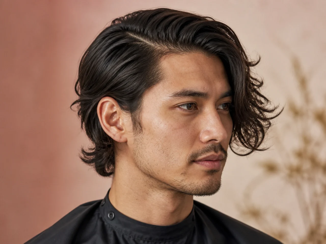 Barber lifting three inches of top hair from a defined side parting on a young man with a scissor-blended cut