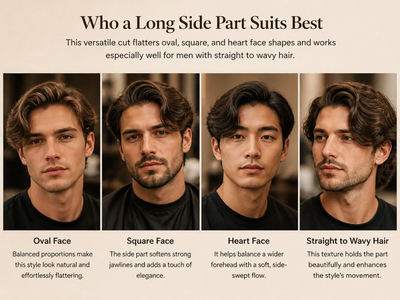 Reference lineup of four men with different face shapes wearing long side part hairstyles