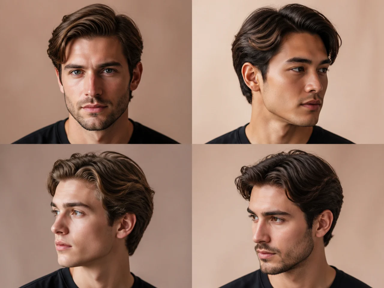 Classic medium side part with three inches on top, natural parting, and scissor-tapered sides on a young man