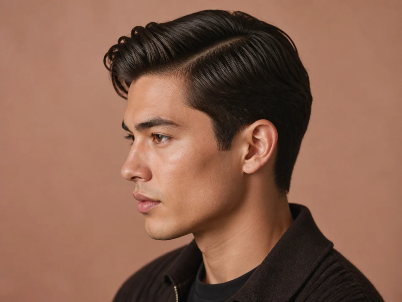 Medium Ivy League side part with two and a half inches on top and scissor-tapered sides on a young man