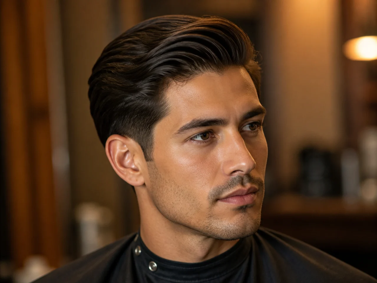 Medium comb over side part with three inches of top swept horizontally from a deep low parting on a young man