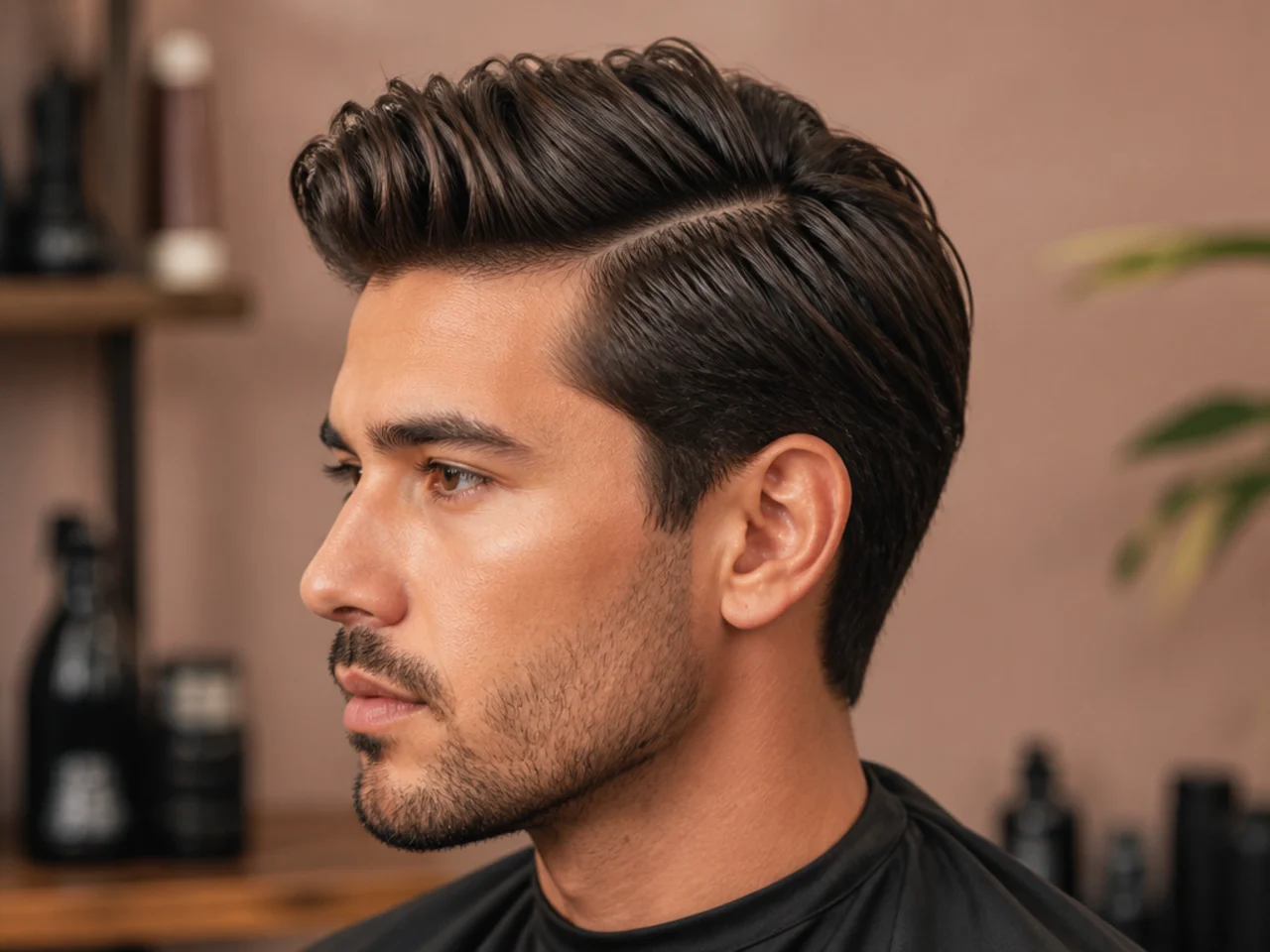 Medium quiff side part with three and a half inches of top lifted up and back from a defined parting on a young man