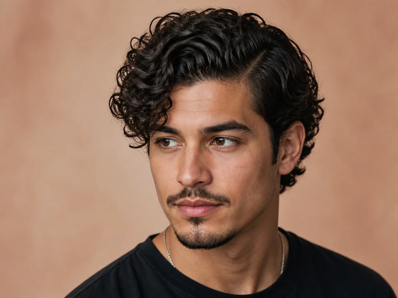 Medium curly side part with three inches of Type 3A curls set from a comb-drawn parting on a young man