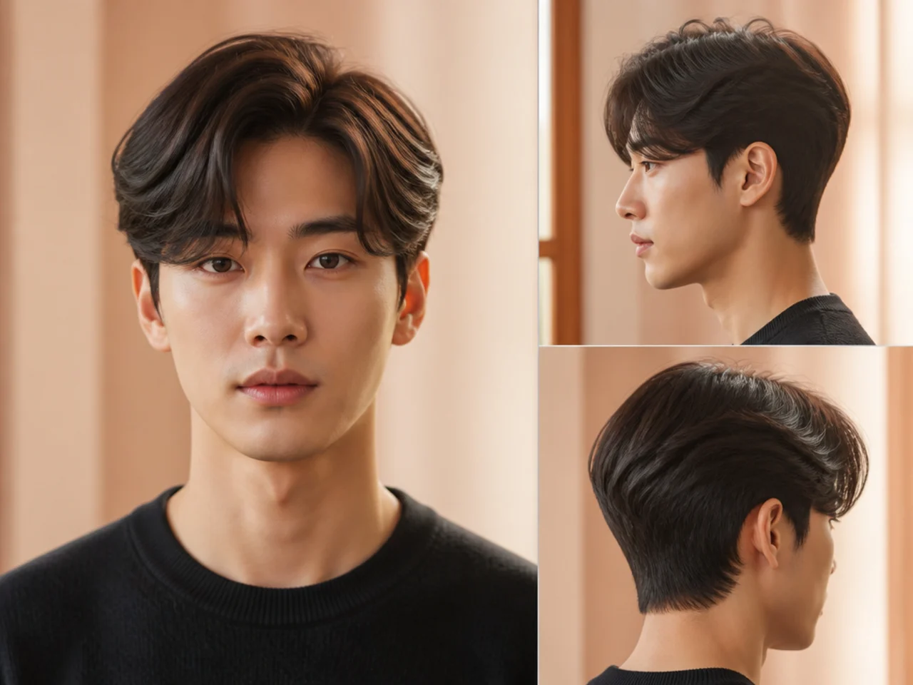 Medium Korean side part with three and a half inches of soft top swept from a defined parting with volume at the crown on a young Asian man