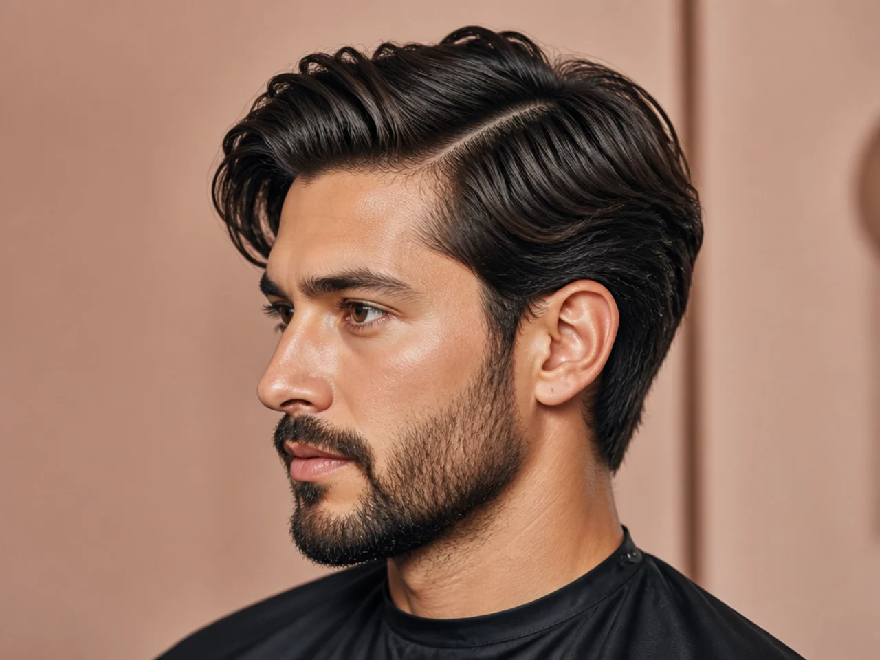 Medium side part with a skin fade blending into a groomed beard at the sideburn on a young man
