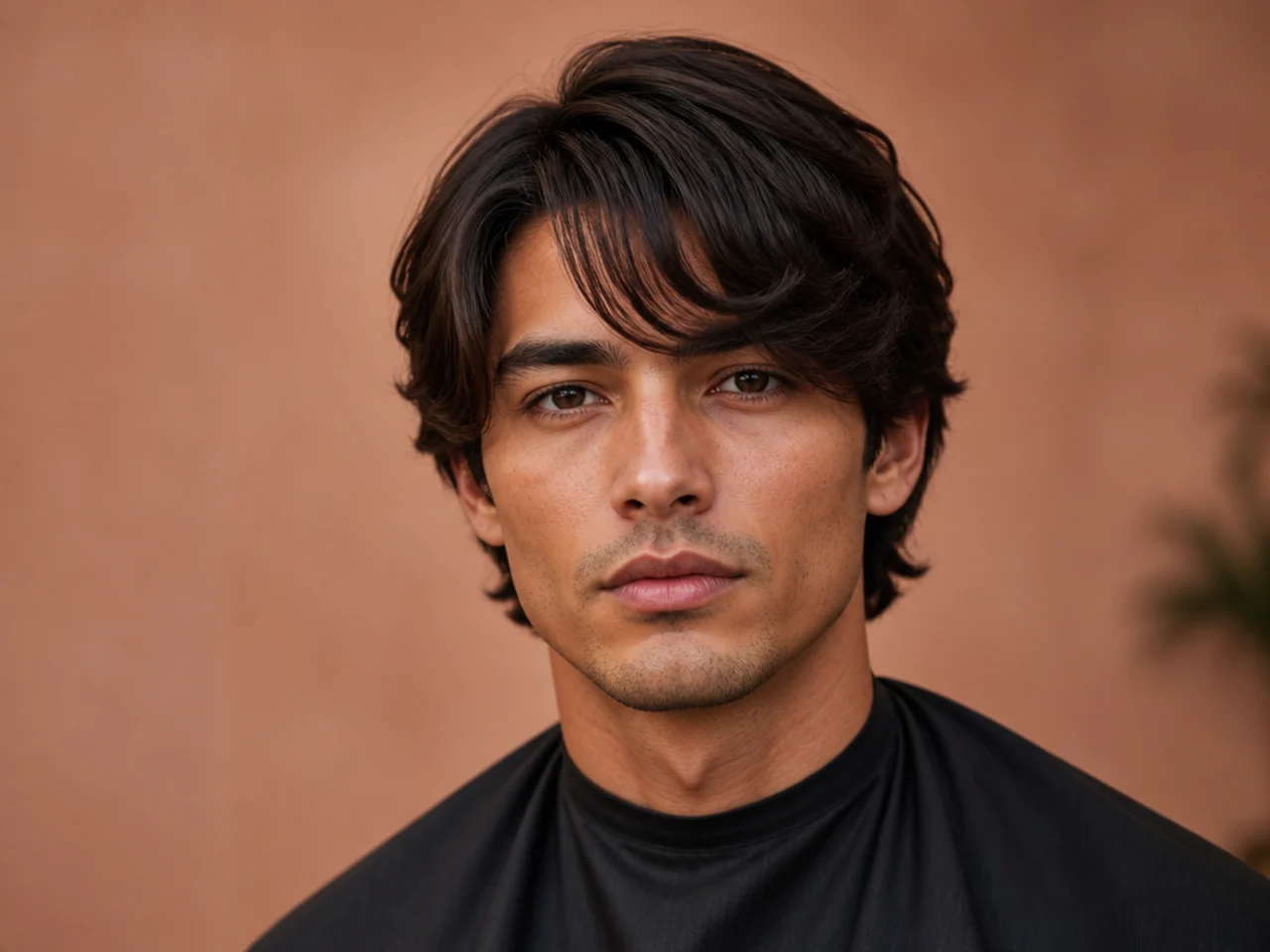 Medium side part with a soft asymmetric fringe sweeping from a low parting across the brow on a young man