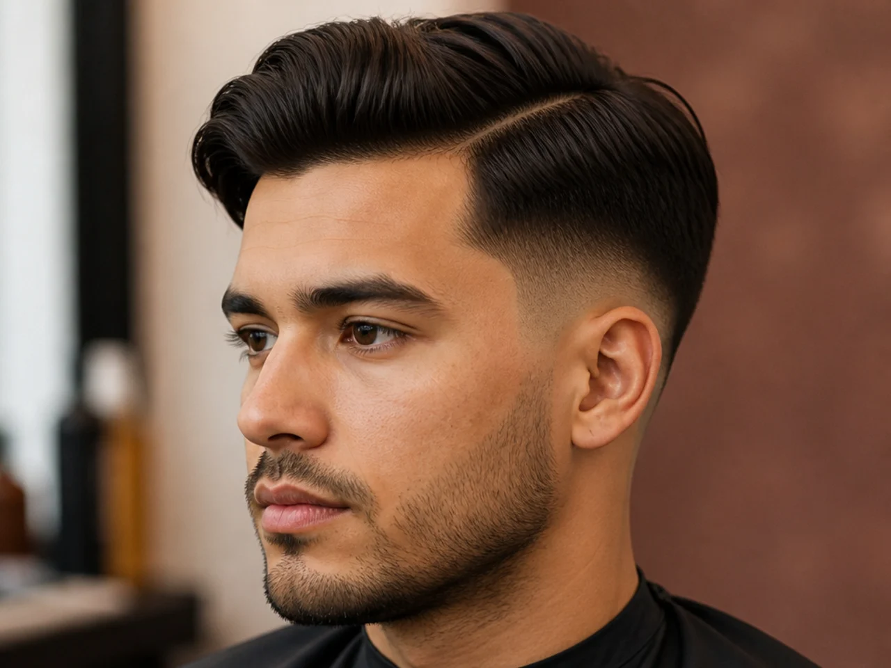 Medium side part with a low fade dropping to skin just above the ear on a young man with three inches on top