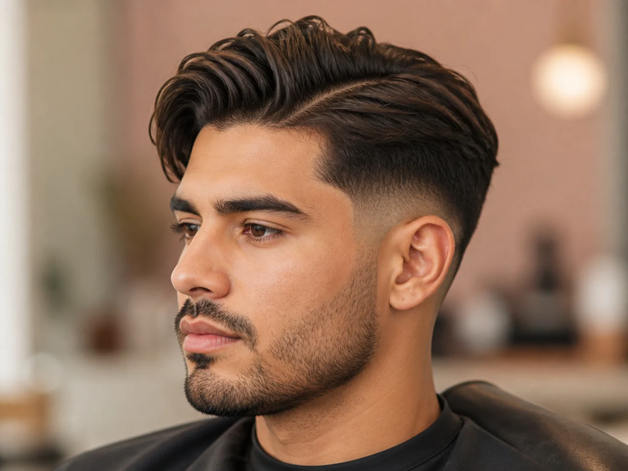 Medium side part with a mid fade starting at the temple and a three-inch top swept diagonally