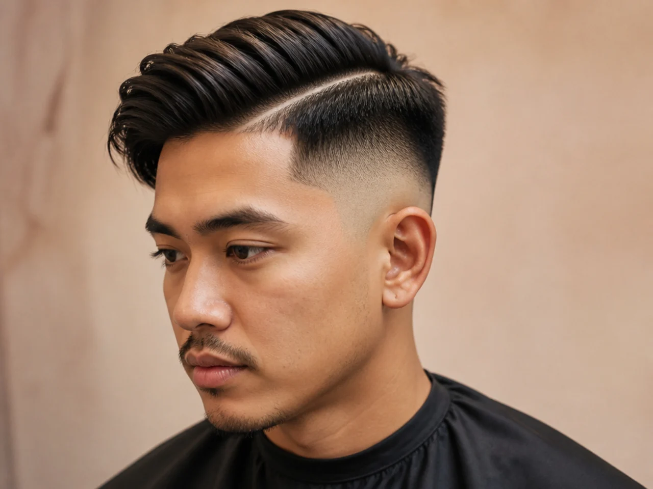 Medium side part with a high skin fade climbing above the temple on a young man with three inches on top
