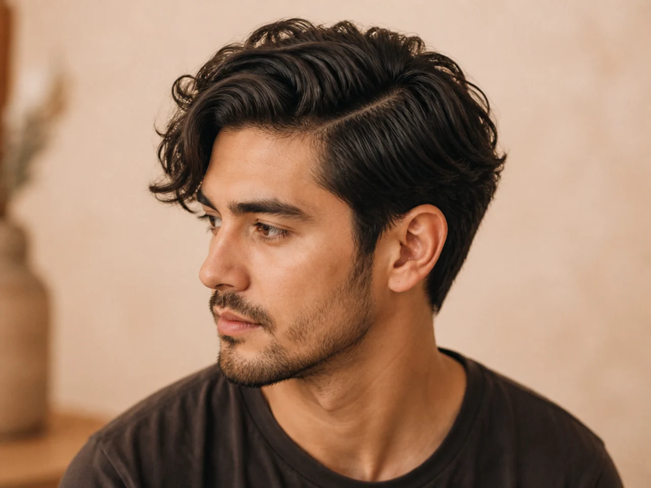 Medium textured side part with point-cut piecey top and a defined parting on a young man