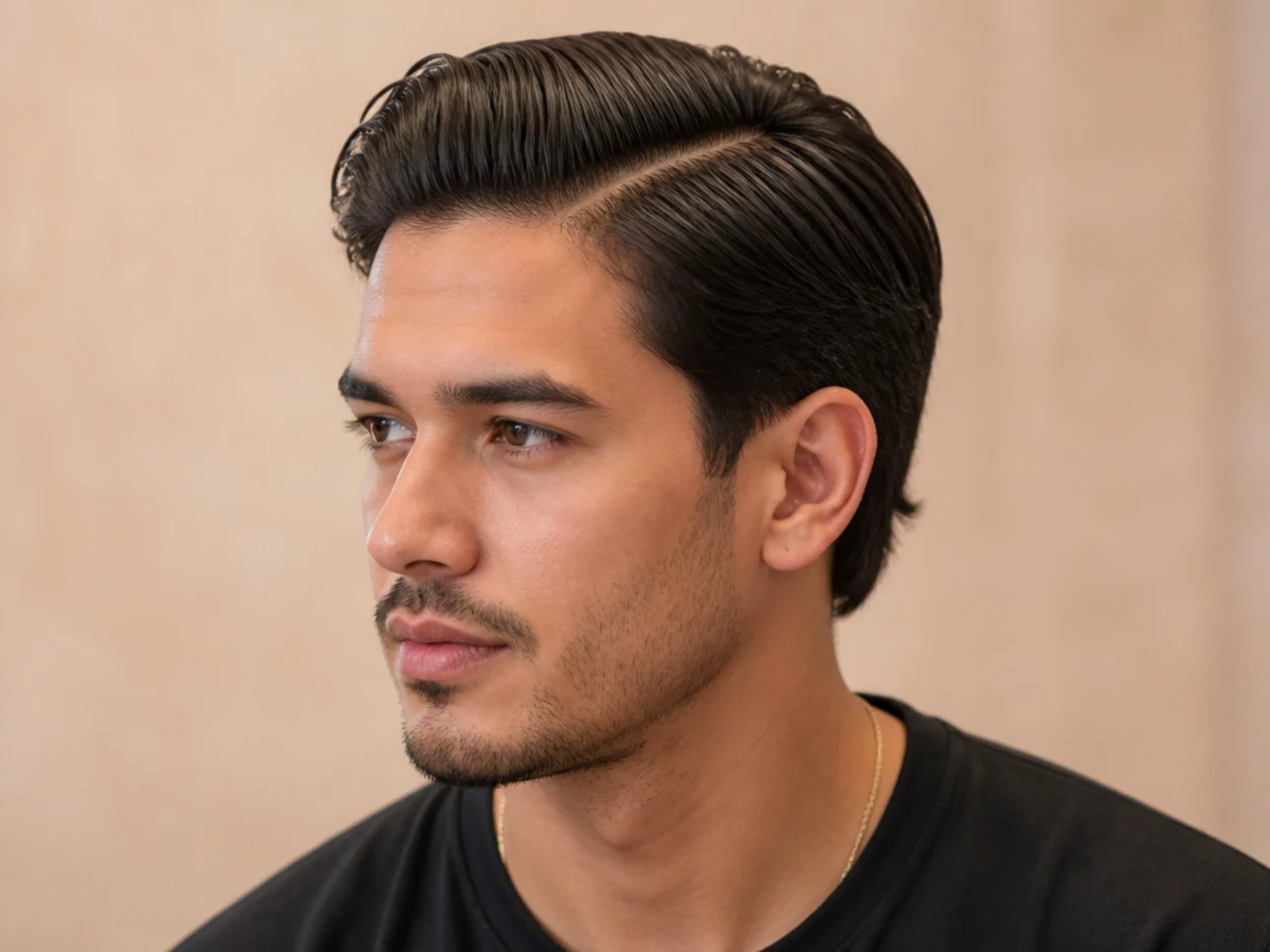 Medium slick back side part with three inches combed straight back from a defined low parting on a young man