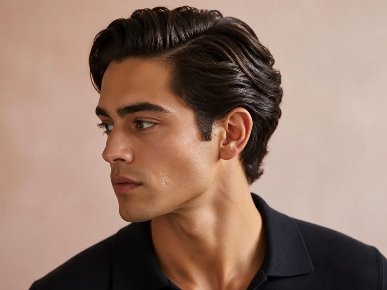Medium old money side part with three inches on top, defined parting, and matte satin finish on a young man