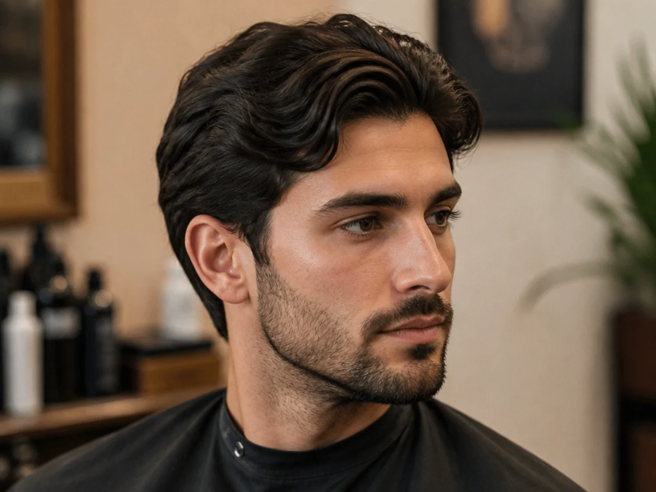 Client showing his barber a reference photo of a medium length side part at the barber chair