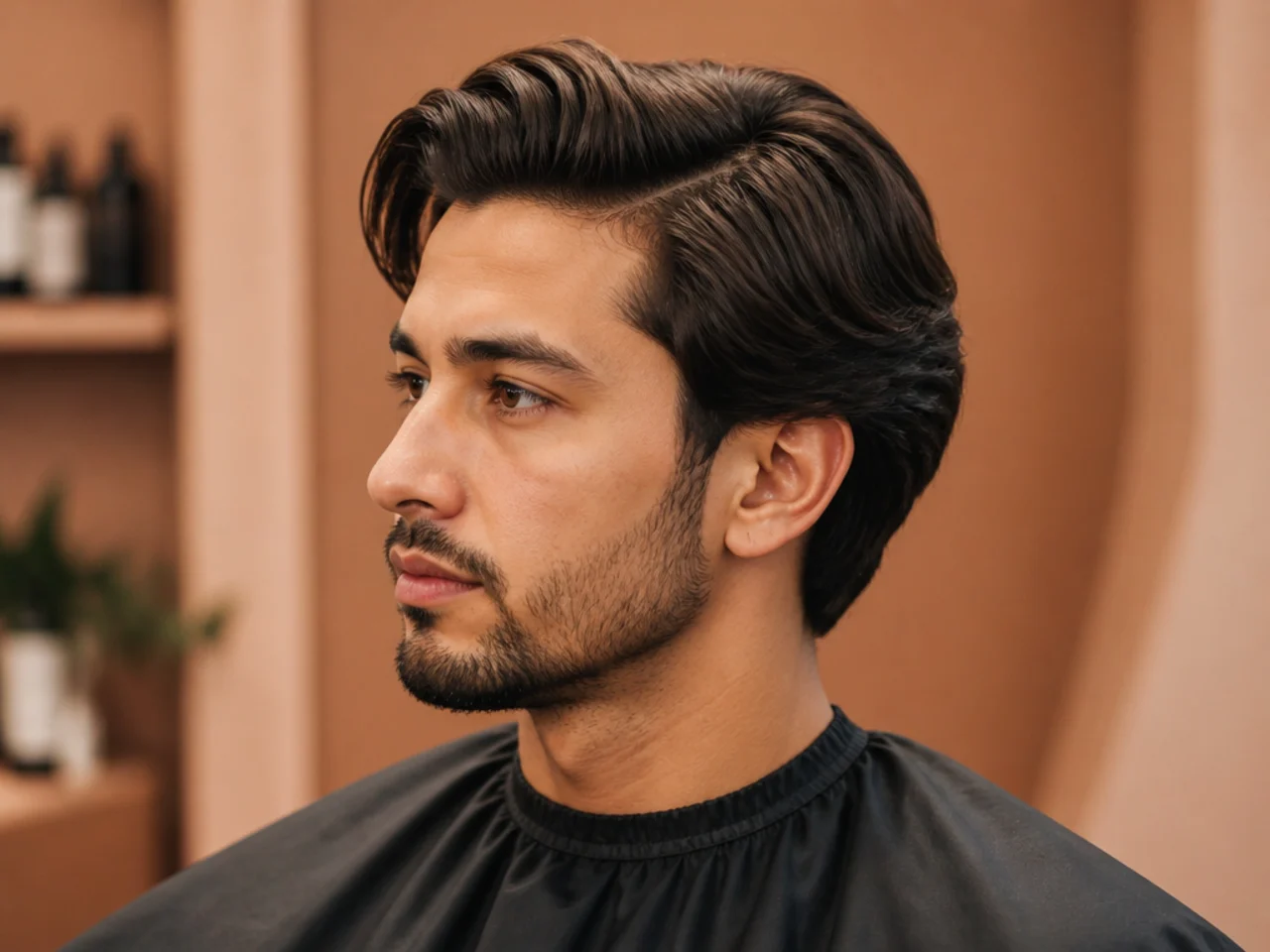 Medium side part styling essentials on a barbershop counter — cream pomade, matte clay, sea-salt spray, and a fine-tooth comb