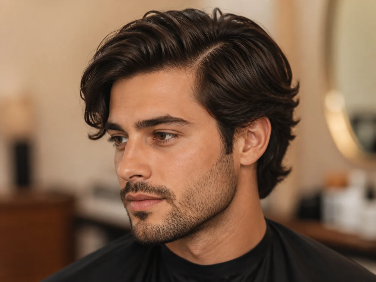 Barber lifting three inches of top hair from a defined side parting on a young man with a scissor-tapered medium cut