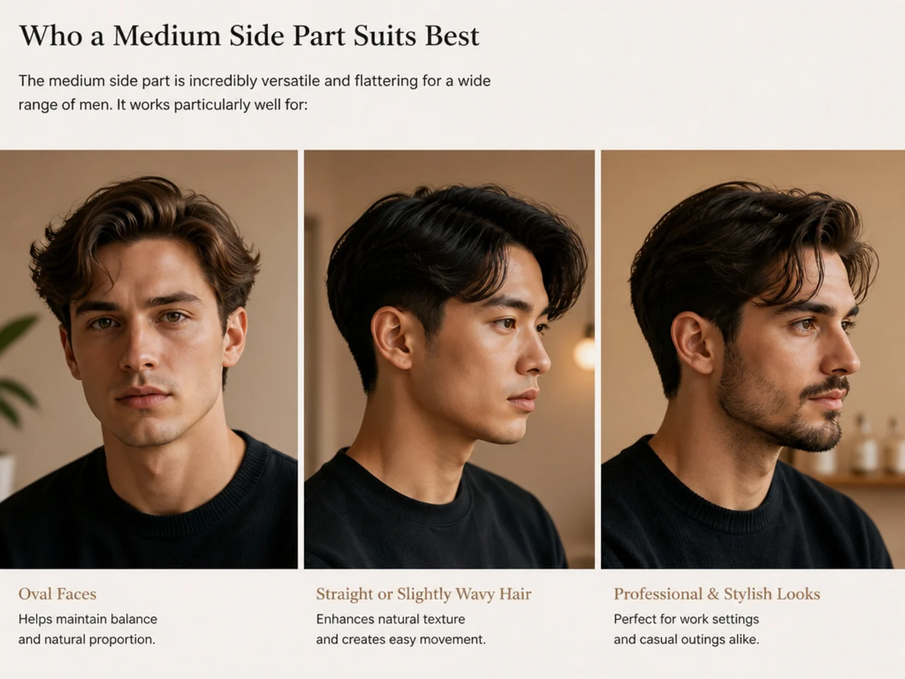 Reference lineup of four men with different face shapes wearing medium length side part hairstyles