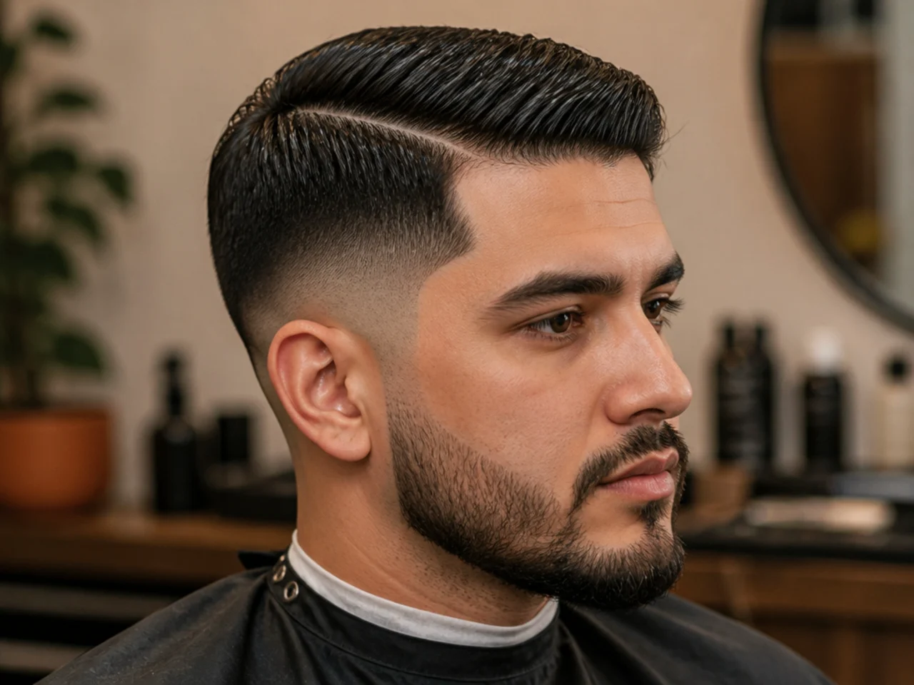 Short side part with a drop fade curving down behind the ear on a young man