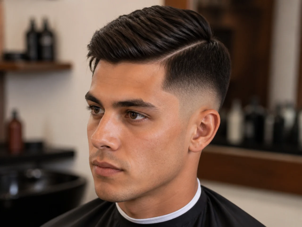 Short side part with a burst fade radiating around the ear on a young man