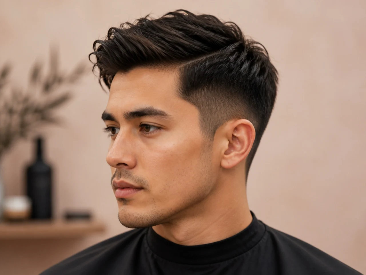 Short textured side part with point-cut top for piecey texture and low fade sides