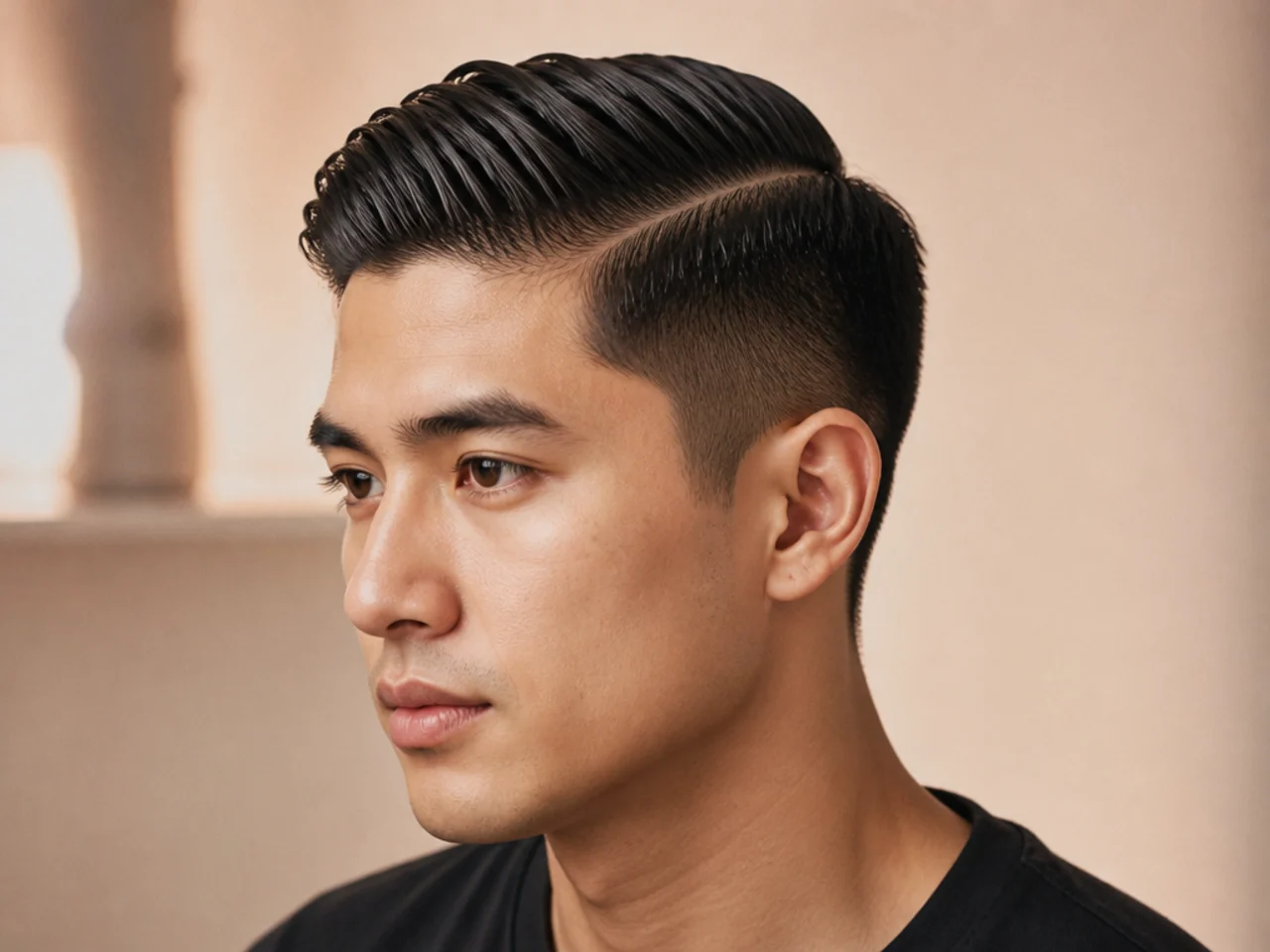 Short slick side part with wet-look shine pomade and scissor-tapered sides on a young man