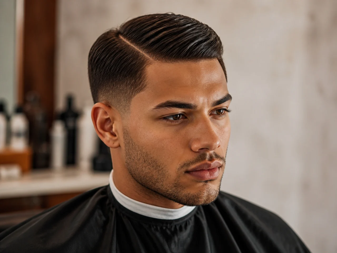 Business short side part with conservative 1.5 inch top and clean tapered sides on a young man in a suit