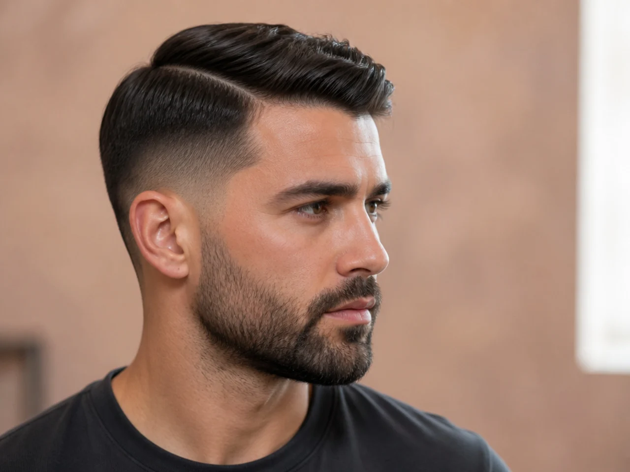 Short side part with a skin fade blended into a groomed beard at the sideburn