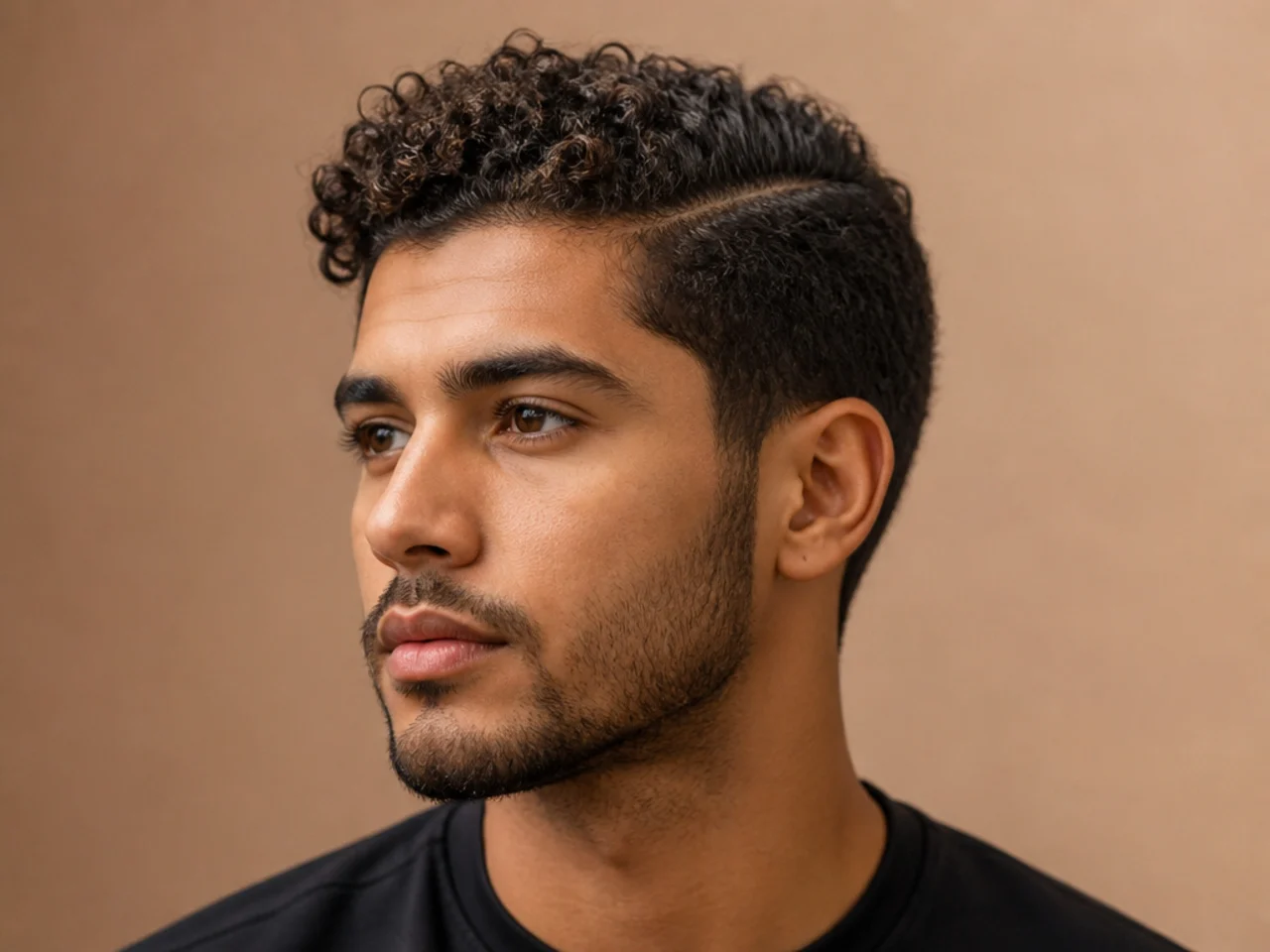Short curly side part with 1.5 to 2 inches of natural curl and a low taper fade
