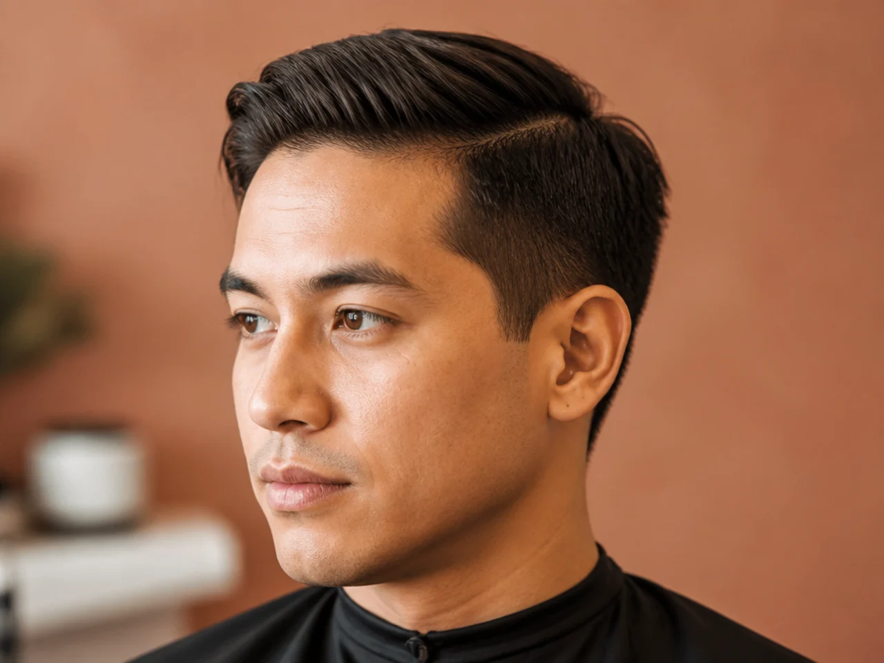 Short side part built for fine hair with a low fade and 1.5 inches of density-preserving top